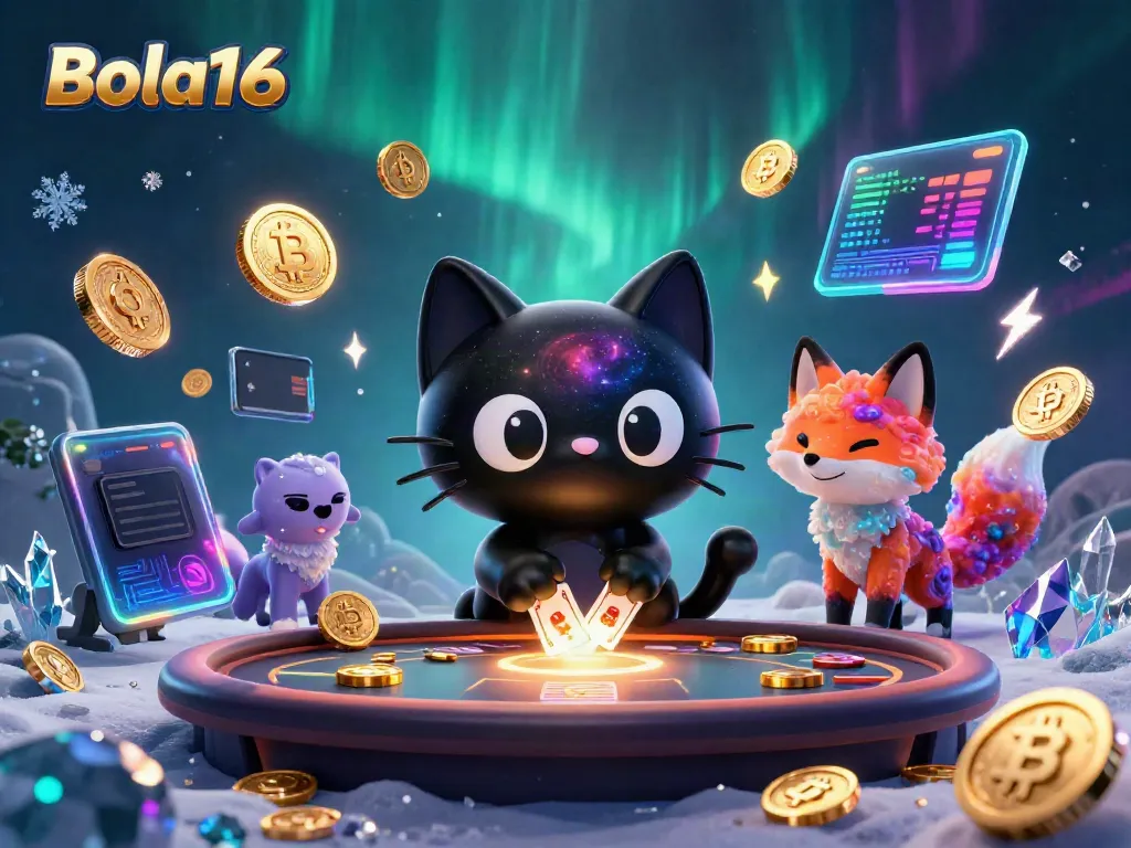 Bola16 engages players with cosmic casino excitement, featuring vibrant characters and glowing currency.