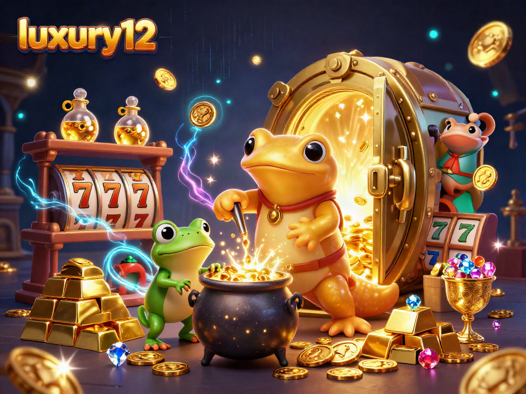 Luxury12 memainkan mesin slot yang dipenuhi koin emas dan permata berkilau.