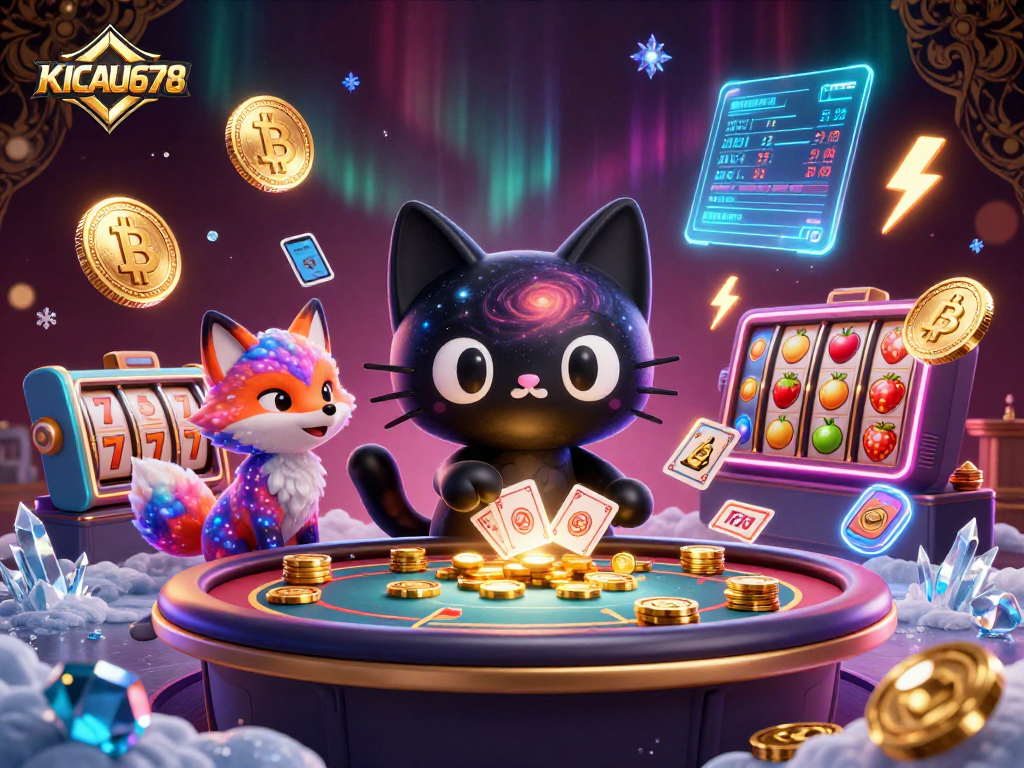 KICAU678 engages players with vibrant cosmic casino scenes featuring 3D characters and slot machine elements.