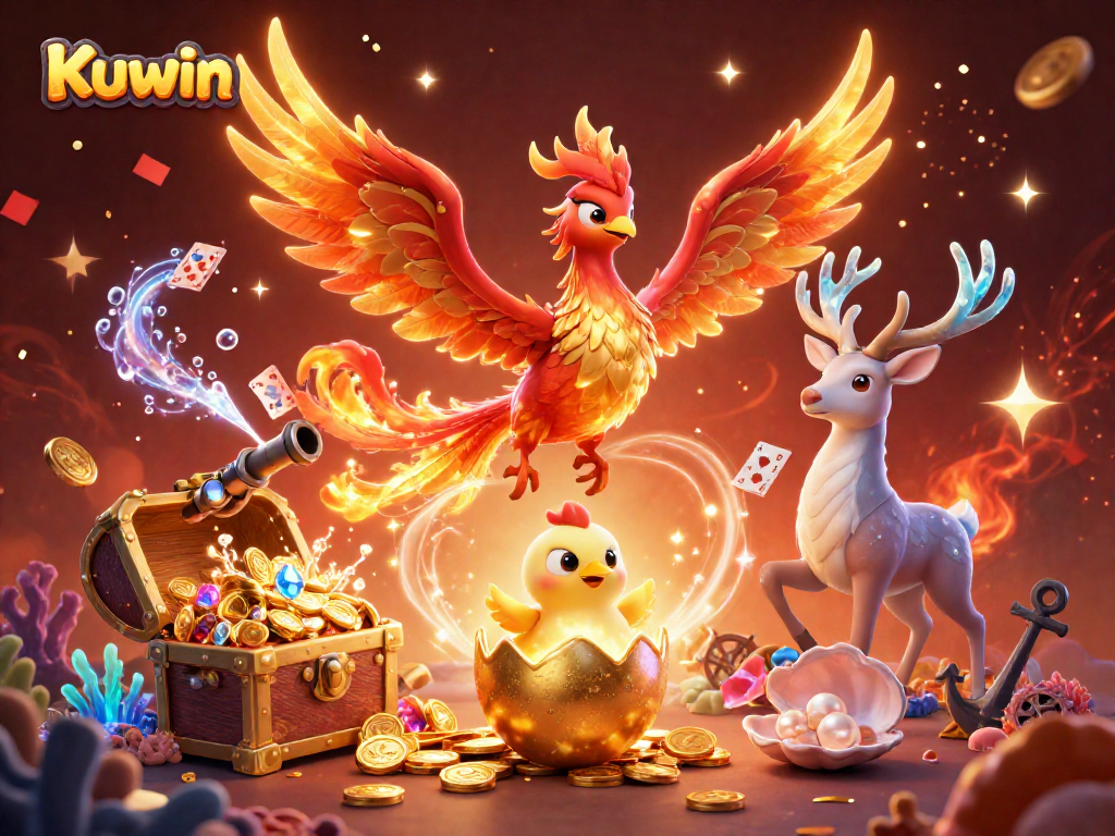 Kuwin showcases a vibrant 3D illustration of a phoenix celebrating jackpots with golden treasures and dynamic casino elements.
