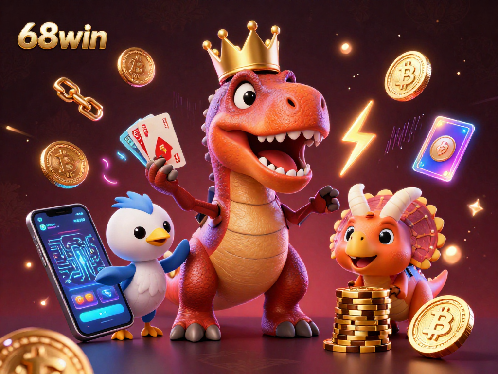 Engage with 68win's thrilling casino scene featuring a T-Rex and friends enjoying card games.