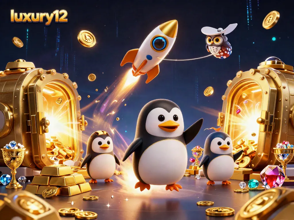 Melihat penguin emas peluncur roket luxury12 dengan hadiah kasino dan peti harta karun berkilau.