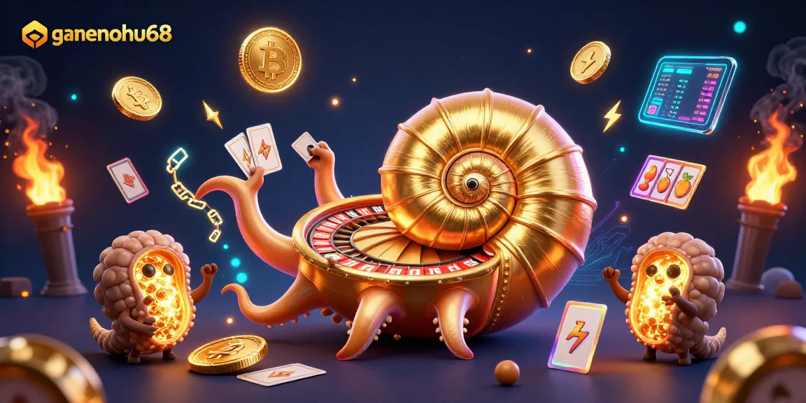 Engage with gamenohu68 through an immersive 3D illustration showcasing exciting casino elements and cryptocurrency.