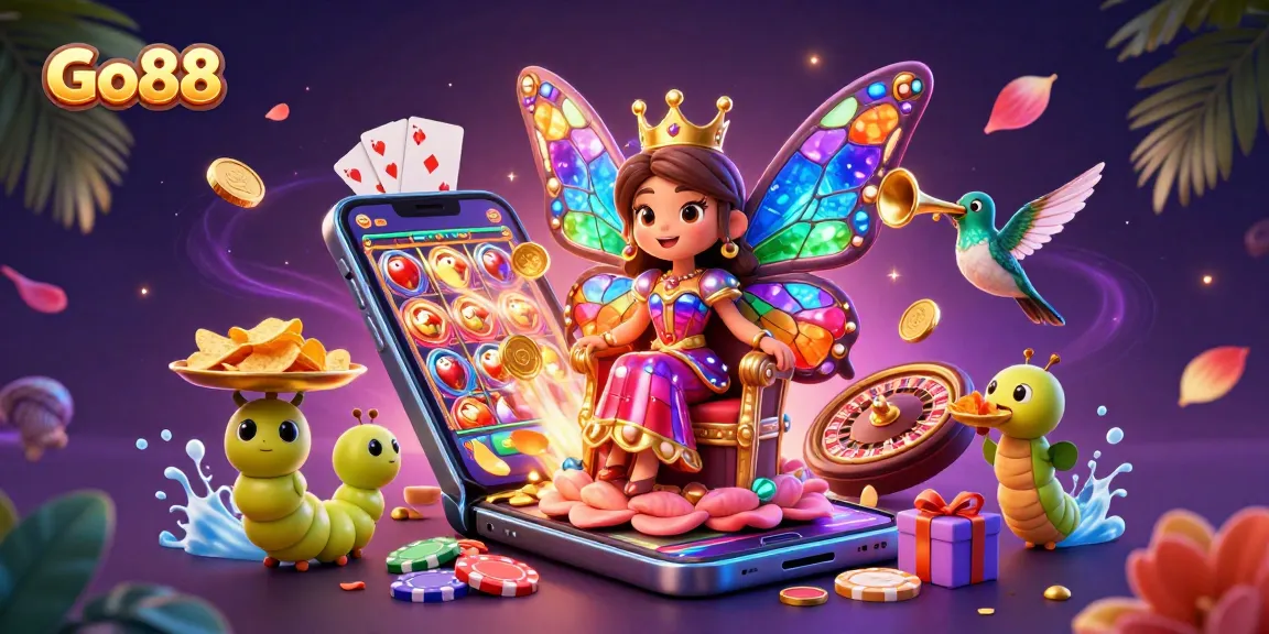 Engage with Go88's vibrant 3D casino scene featuring colorful slot games, chips, and dynamic characters.