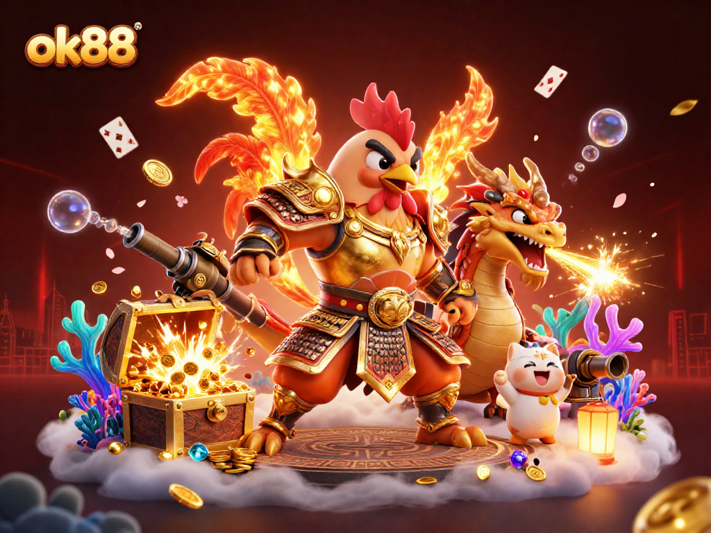 Experience thrilling action at ok88 with a brave rooster warrior and a fierce dragon hatchling amidst treasures and games.