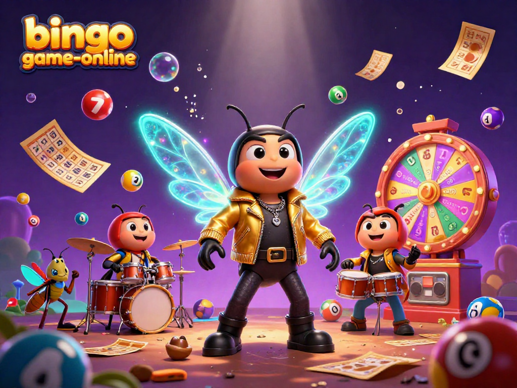 Experience the excitement of bingo-game-online with a vibrant 3D illustration of a rock star cicada and casino elements.