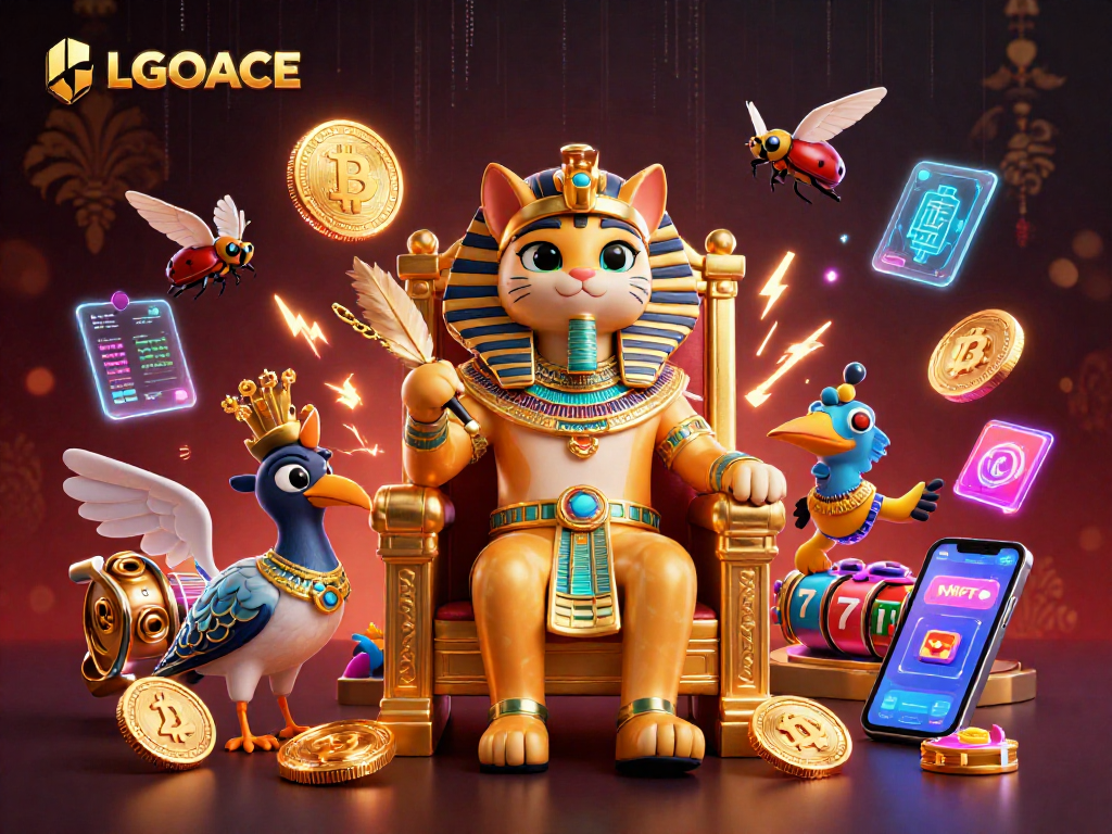LGOACE showcases a 3D Egyptian pharaoh cat amidst slot reels and crypto elements for gambling excitement.