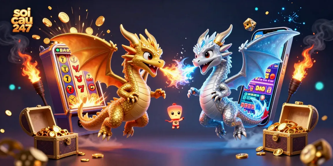 Soi cau 247 showcasing twin dragons and explosive casino elements in a vibrant 3D illustration.