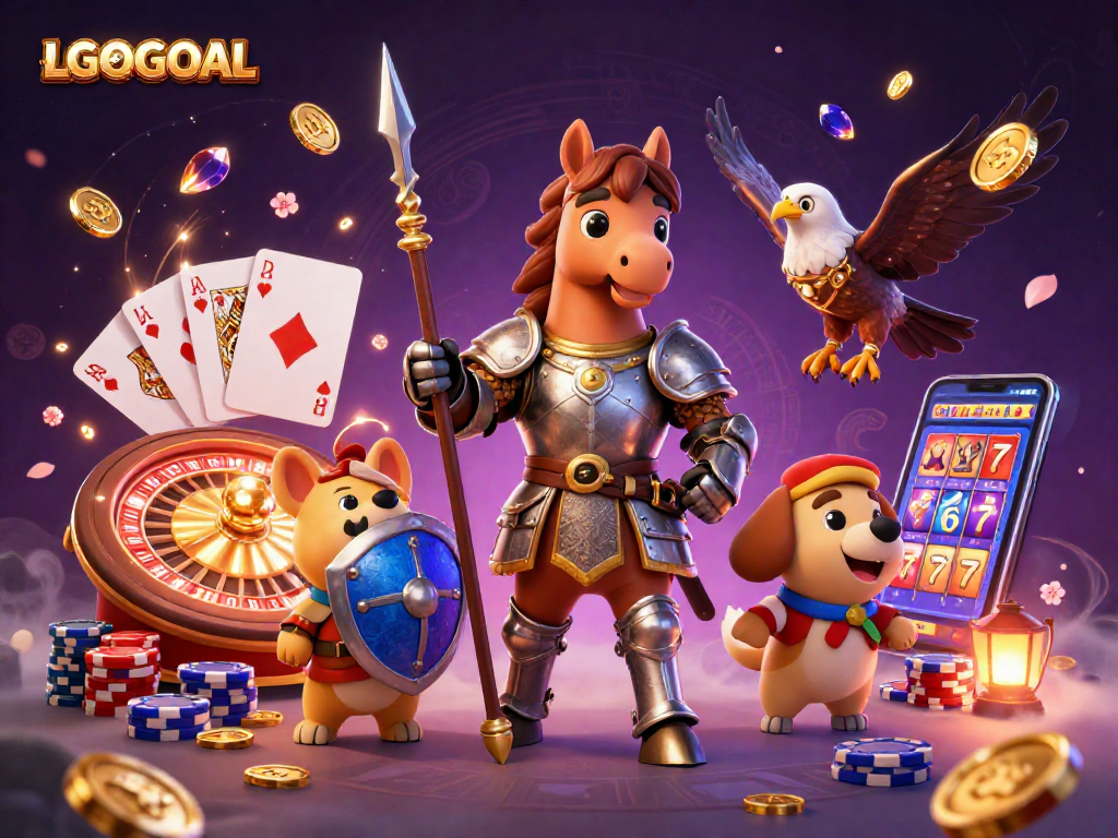 Engage with LGOGOAL’s thrilling casino experience featuring a knight and puppy surrounded by gleaming coins and slots.