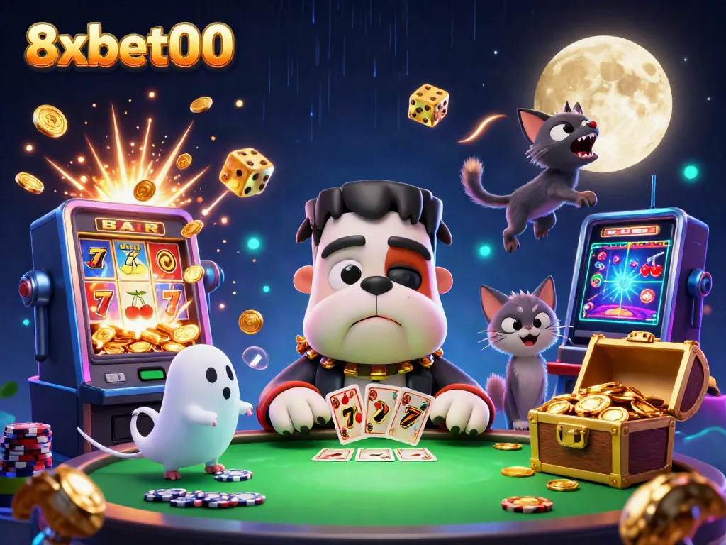 Experience thrilling gaming at 8xbet00 with a vibrant 3D illustration featuring whimsical characters and casino elements.