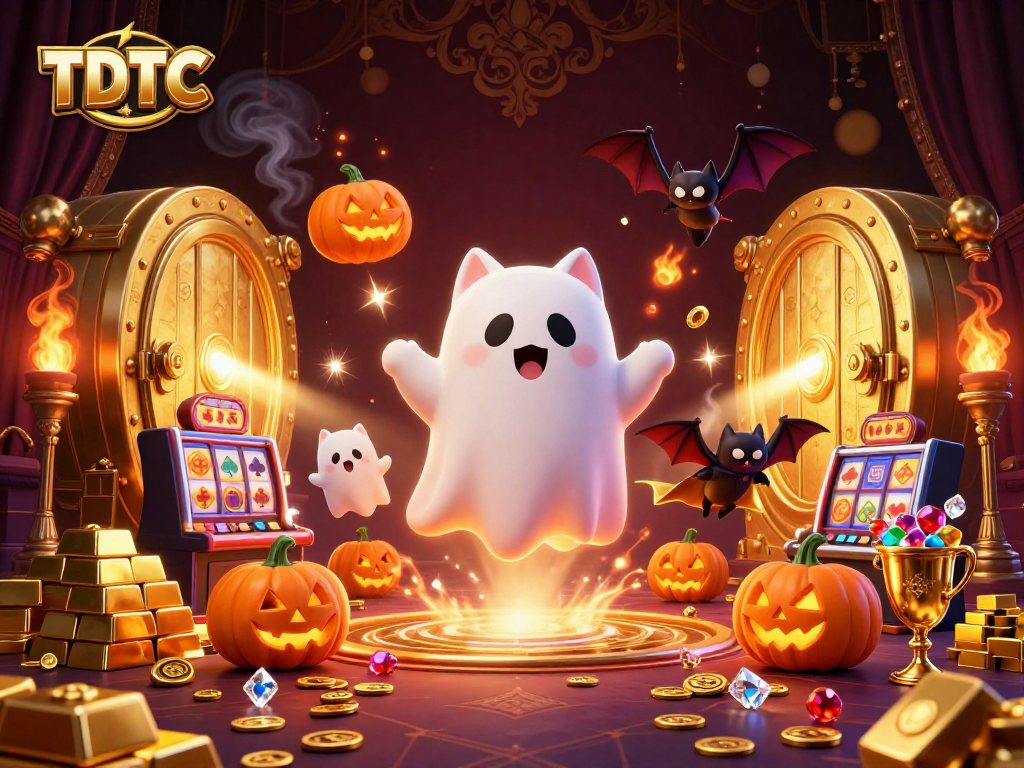 Experience the haunted TDTC casino with a ghost cat and vibrant treasures illuminating the scene.
