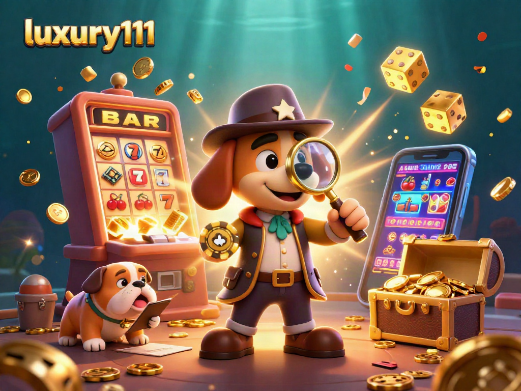 Engage with luxury111 in a vibrant casino scene featuring a detective dog and festive elements.
