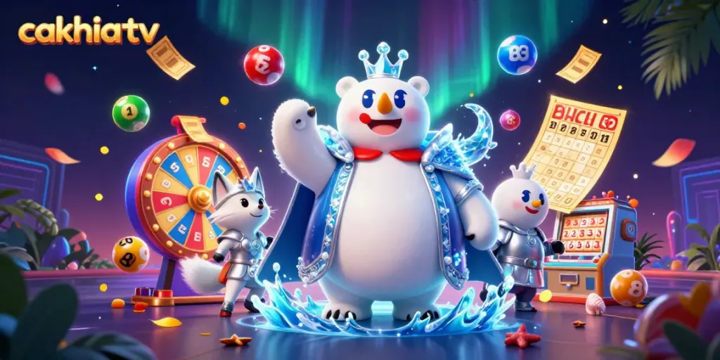 Cakhiatv polar bear and fox illustrate dynamic gambling energy with lottery balls and bingo elements.
