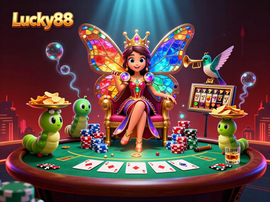 Engage with Lucky88 through a vibrant scene of a butterfly queen and poker excitement.