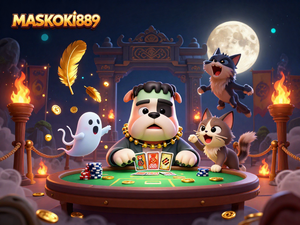 Experience thrilling action at MASKOKI889 with a Frankenstein bulldog and werewolf kitten in an exciting casino scene.