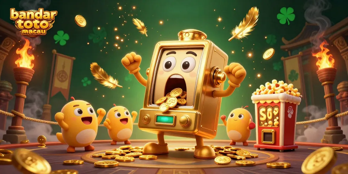Bandar toto macau menghasilkan jackpot dengan mesin slot emas bersorak dan efek api yang dramatis.