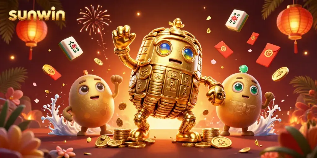 Engage with the sunwin golden golem amidst a vibrant casino scene filled with dazzling game elements.