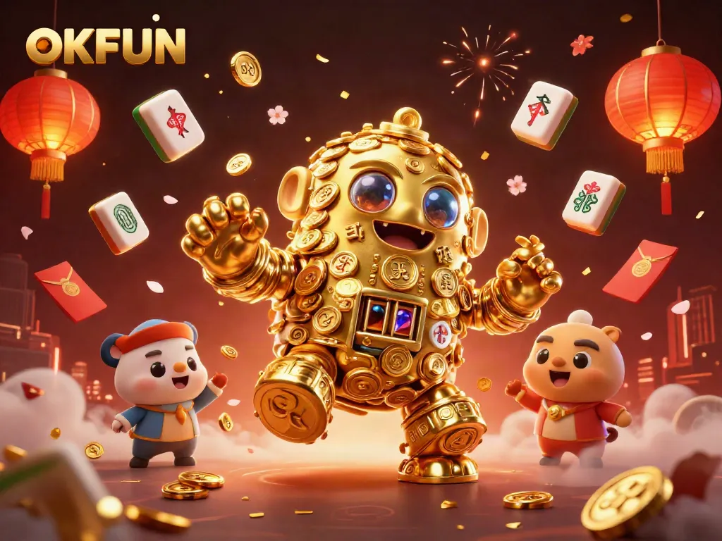 Engage in the fun at OKFUN with an enchanting 3D casino scene featuring a golden golem surrounded by festive elements.