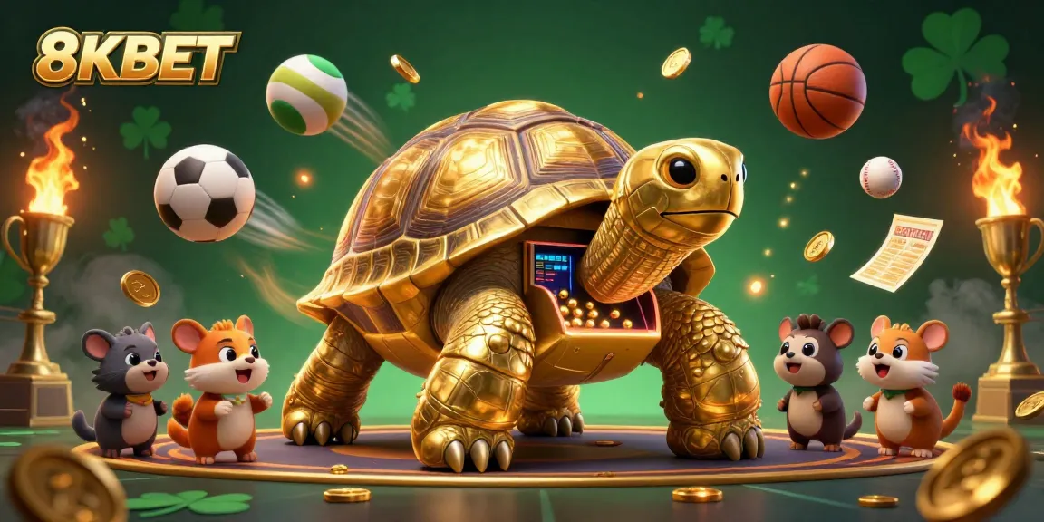 Engage with 8KBET's vibrant gambling scene featuring a golden tortoise pinball machine amidst dynamic sports elements.