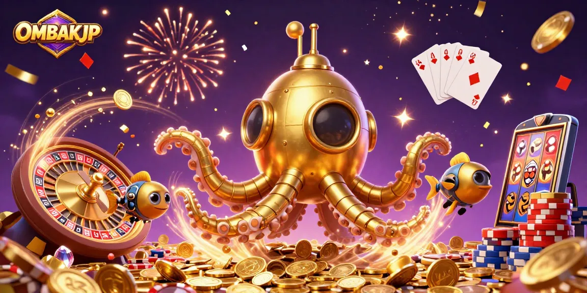 Engage with OMBAKJP through a vibrant casino scene featuring a golden kraken and dynamic game elements.