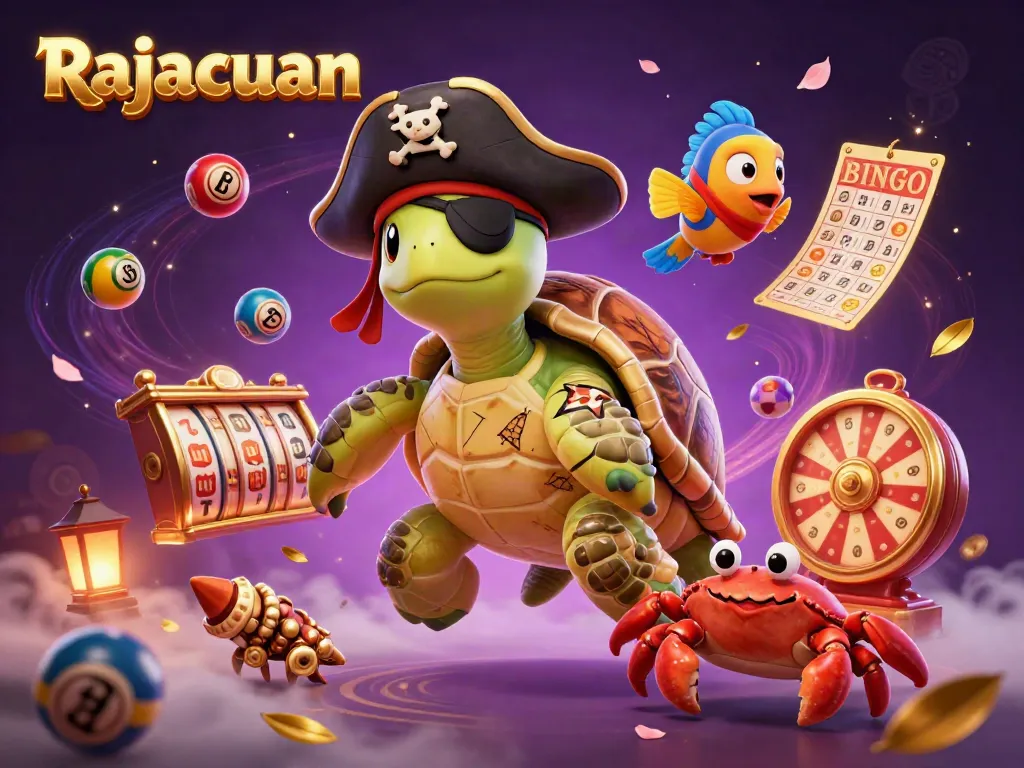 Rajacuan hadir dengan karakter kartun 3D yang menampilkan kura-kura bajak laut, kepiting emas, dan ikan parrot di atas elemen permainan kasino yang berwarna-warni.