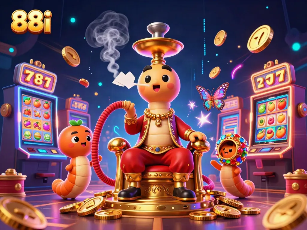 Engage with 88i's vibrant casino world featuring a 3D caterpillar master surrounded by slots and jackpot elements.