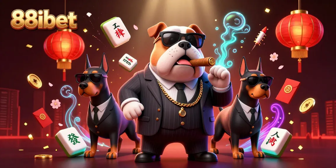 Engage with 88ibet's dynamic gambling atmosphere featuring a mafia bulldog and Dobermans, capturing the excitement.