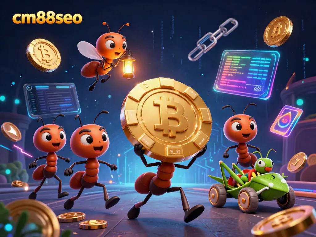Engage in thrilling heists at cm88seo with cartoon ants and golden poker chips amidst a vibrant casino backdrop.