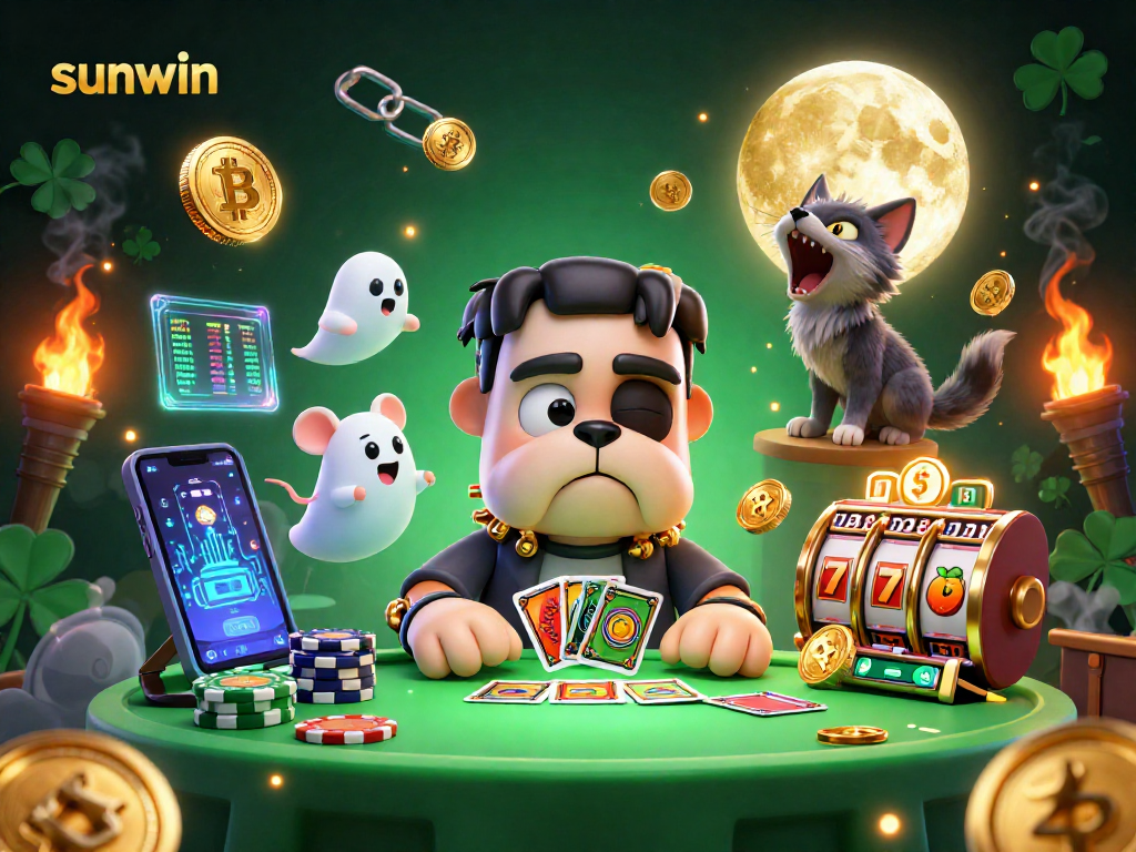 Engage in thrilling gameplay with Sunwin as a cartoon bulldog and friends deal cards at a captivating casino table.