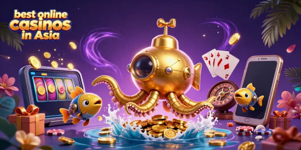 Experience the excitement at the best online casinos in Asia with a vibrant 3D kraken submarine and game elements.