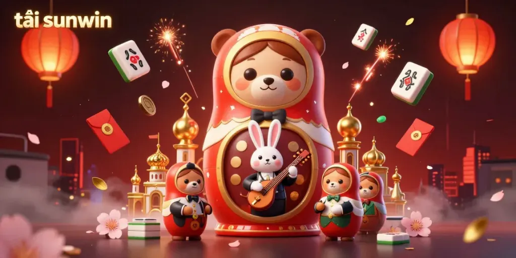 Experience the excitement of tải sunwin with this vibrant 3D illustration showcasing a Matryoshka bear and casino-themed elements.