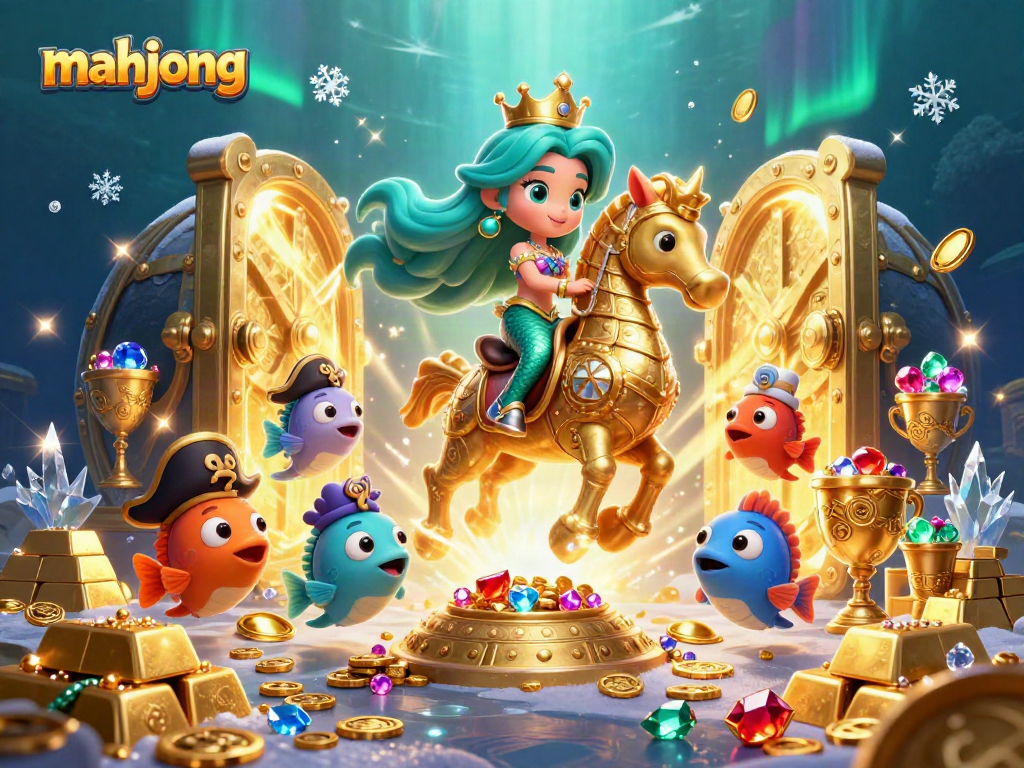 Experience mahjong's underwater adventure with a mermaid princess and her seahorse in a treasure-filled casino.