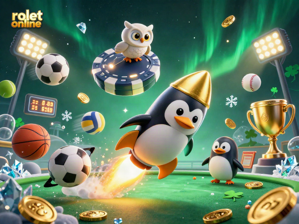 Explore rolet online with a thrilling 3D scene of a golden penguin in space, surrounded by dynamic sports elements.