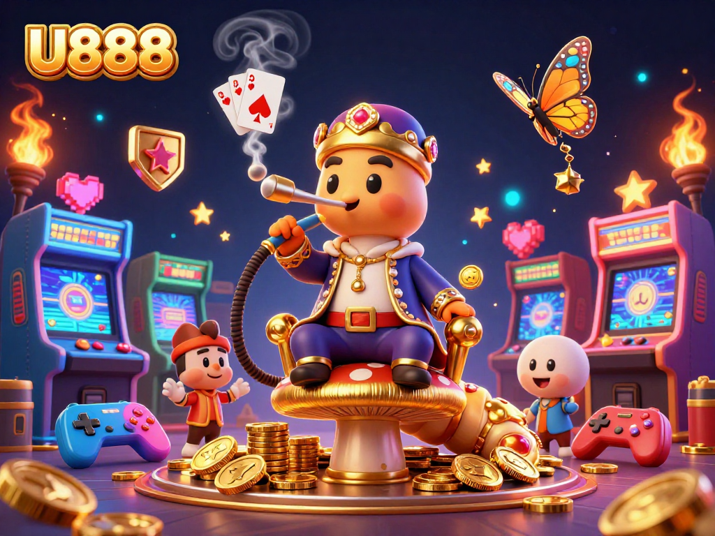Engage with U888's exciting casino experience through a vibrant 3D illustration featuring game elements.