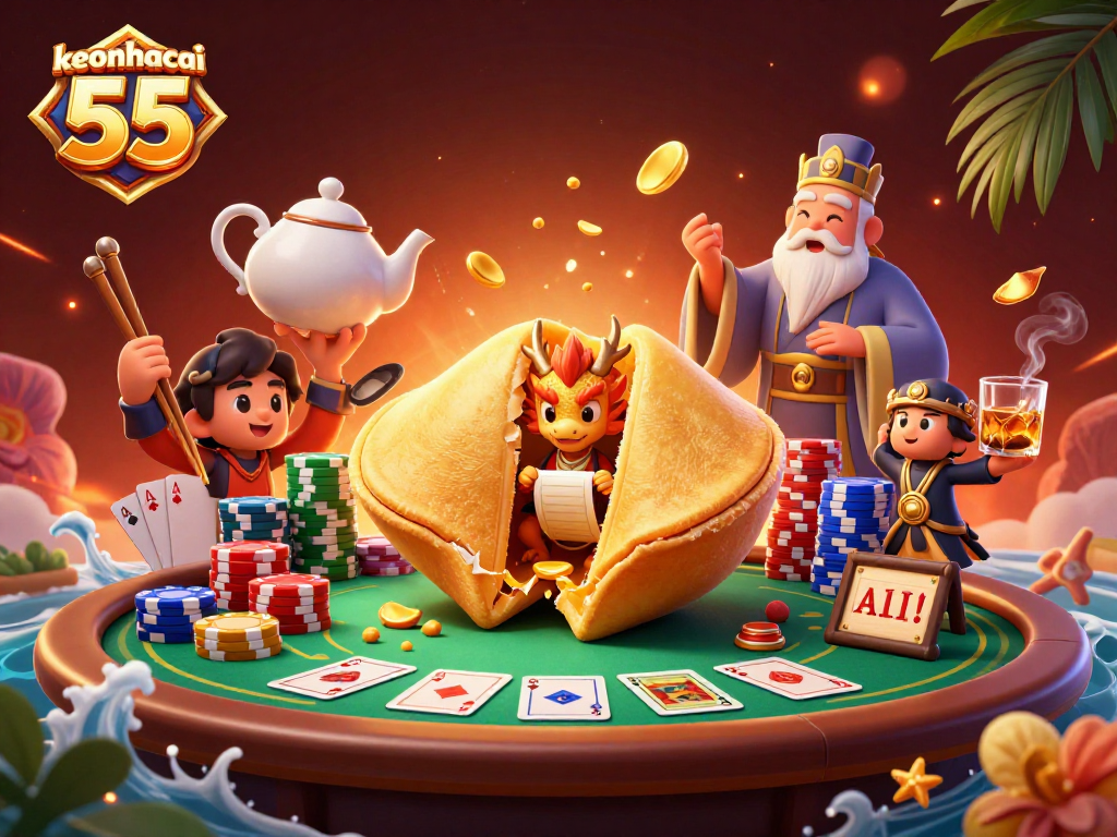 Experience the thrill of keonhacai 55 with a vibrant 3D casino scene full of playful characters.