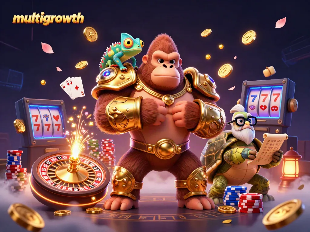 Experience multigrowth with dynamic casino action, featuring characters and flying casino elements.