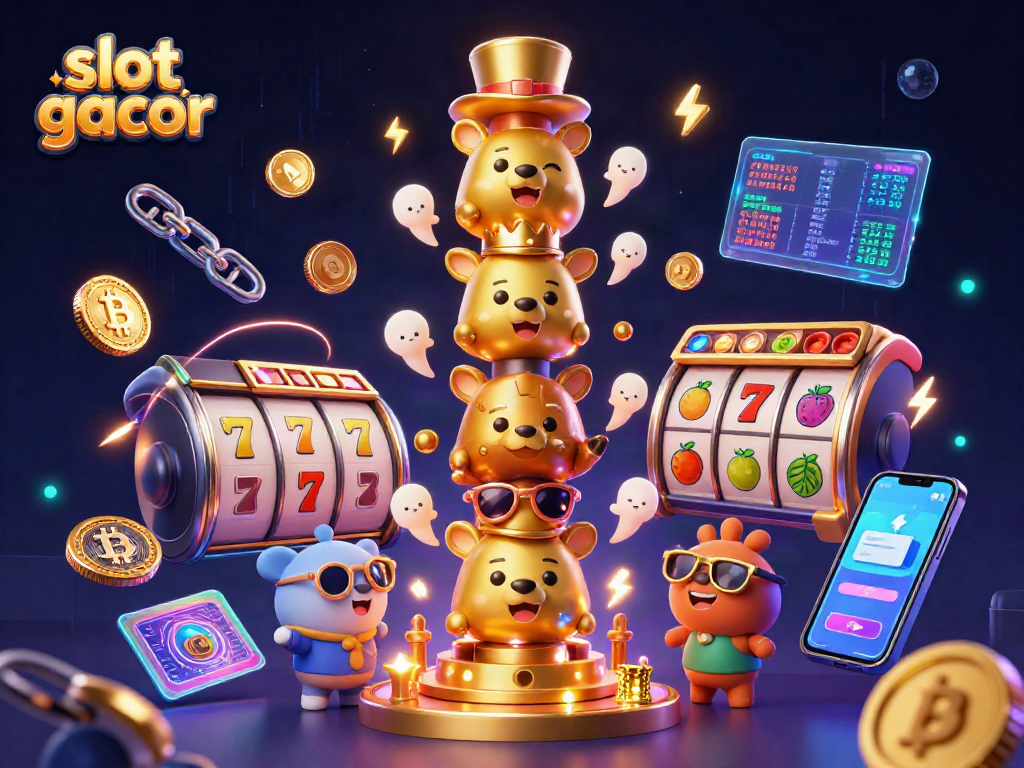 Explore the vibrant world of slot gacor with animated casino elements and cryptocurrencies in this dynamic illustration.