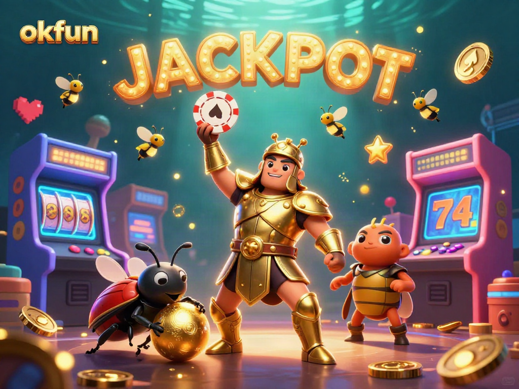 okfun characters celebrate victory in a casino-themed digital illustration with vibrant colors and dynamic elements