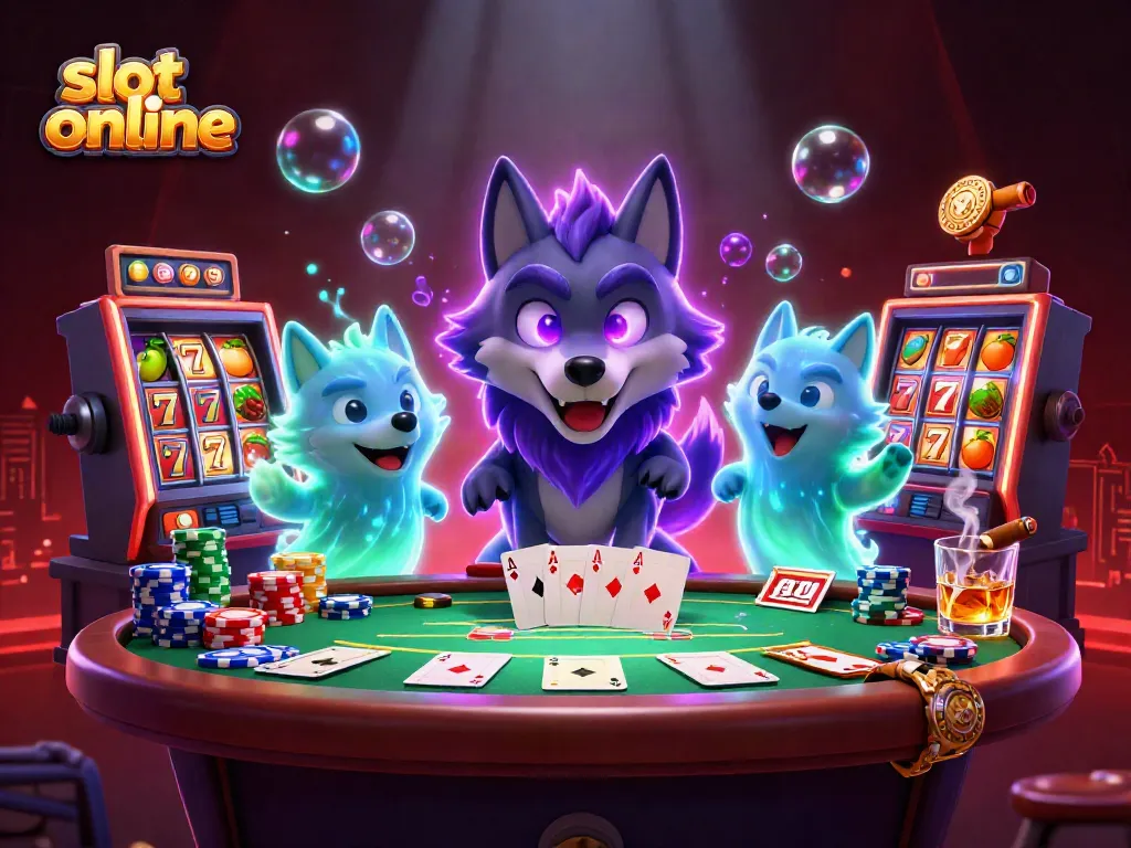 Spin the reels of slot online with a dynamic scene of spectral wolves and vibrant casino elements.