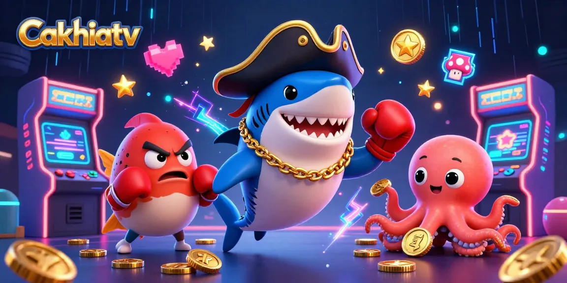Cakhiatv showcases an exciting underwater adventure with a pirate shark, pufferfish, and octopus in a bustling gaming scene.