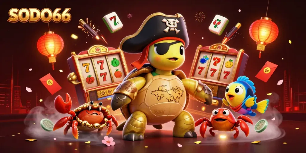 Engage with SODO66 in this vibrant 3D casino scene filled with slot reels and treasure.