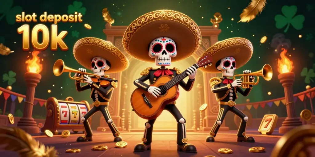 Engage with slot deposit 10k illustrated by vibrant mariachi skeletons amidst casino-themed elements.