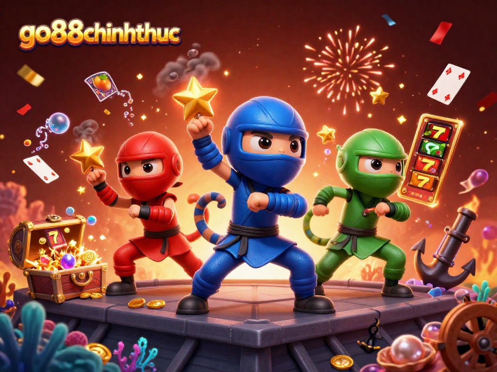 go88chinhthuc excitement with ninja chameleons and slot elements in a vibrant casino illustration