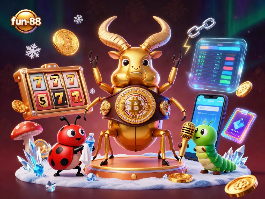 Engage with fun-88's vibrant casino world featuring unique characters, slot reels, and crypto elements.
