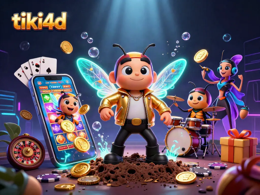 Grafik menarik tiki4d menampilkan bintang rock dan elemen permainan kasino yang ceria.