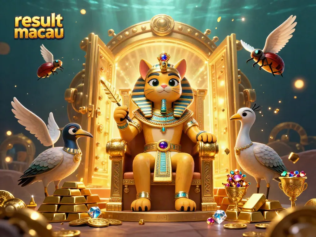 Catch the thrilling result macau with a dynamic casino-themed illustration featuring a pharaoh cat.