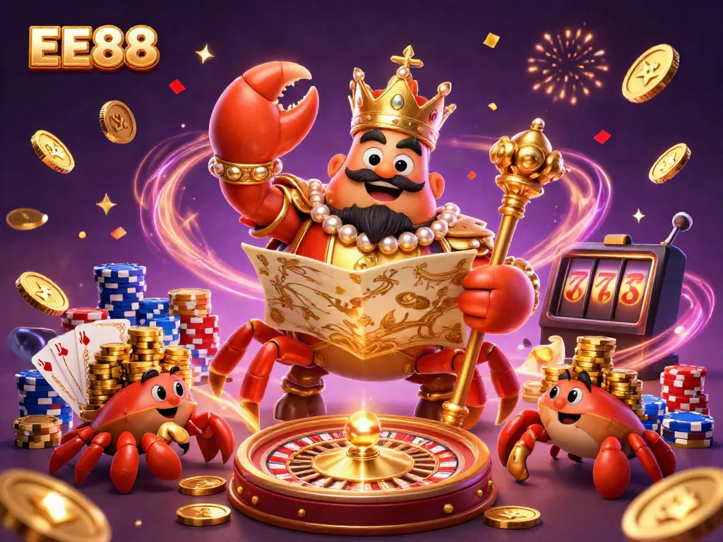 EE88 casino illustration showcasing a golden crab emperor and treasures in a vibrant 3D scene.