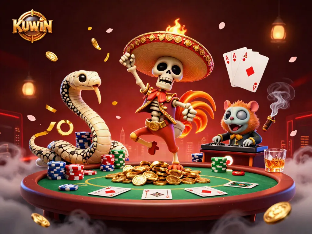 KUWIN celebrates action at a vibrant casino with cartoon characters dancing on gold coins and dynamic gaming elements.