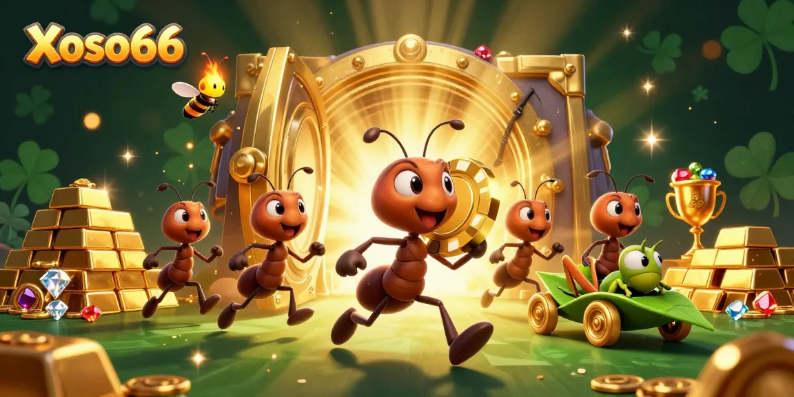 Xoso66 squad features ants on a heist with a golden poker chip, adding excitement to the casino world.