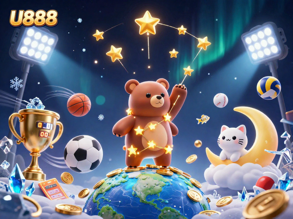 U888's constellation bear gathers coins amidst dynamic sports elements in a vibrant casino scene.